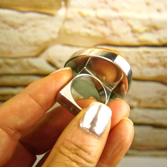 Giant Amber & 925 Silver Heavy Modernist Ring Size 9 - Rare To Find Gift - Picture 13 of 16